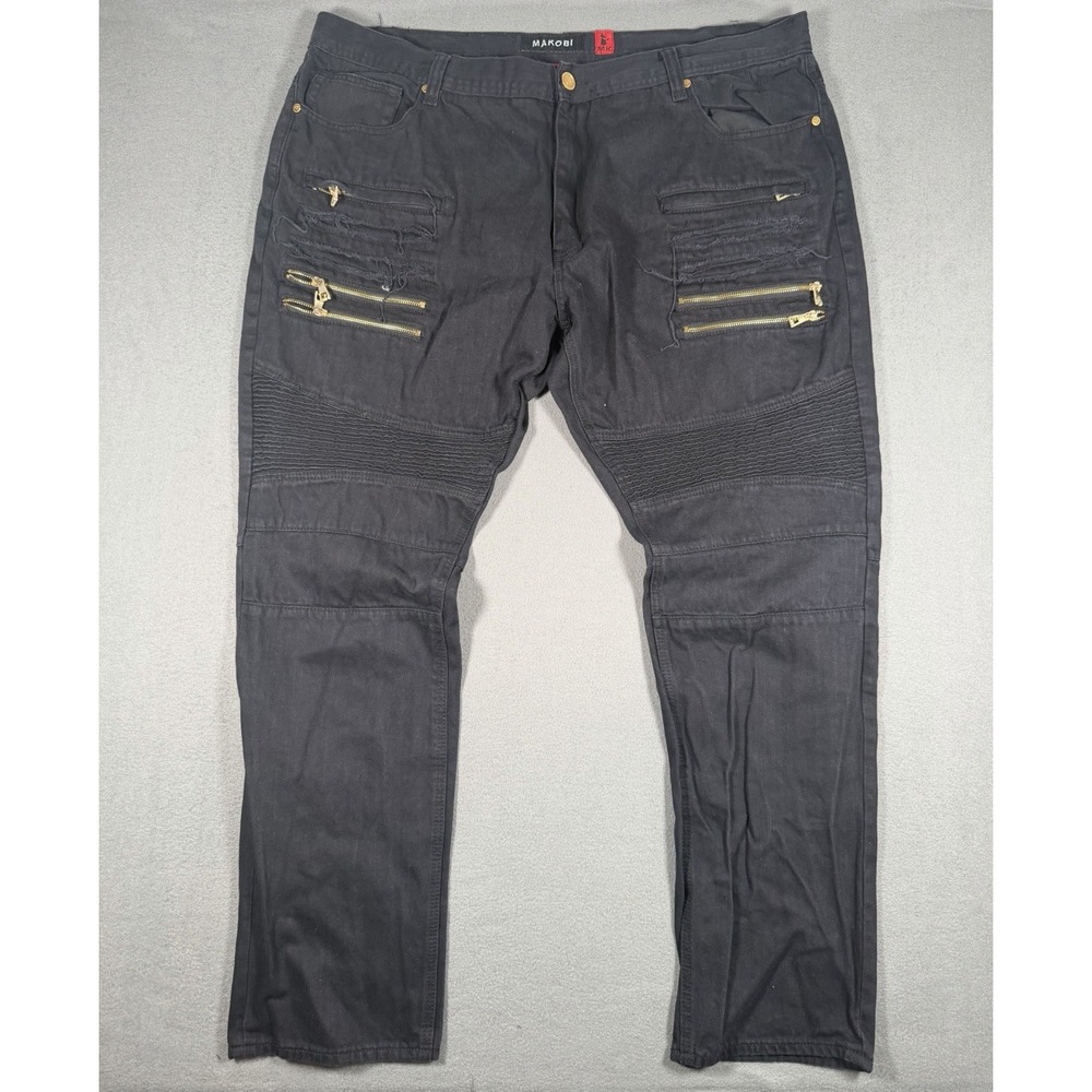 Makobi Mens Black Gold Zipper Distressed Biker Moto Slim Jeans Size 46x34 M1740